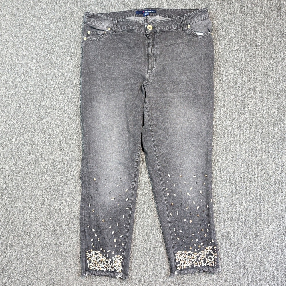 Denim 24/7 Y2K Embellished Cropped Jeans 16W Black Rhinestone Frayed Hem McBling
